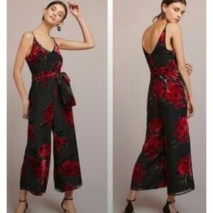 Anthropologie Ett Twa burnout velvet black red holiday jumpsuit. Small